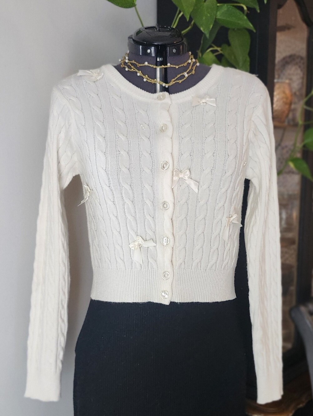 Coquette Bow Cropped Cable Knit Cream Button Sweater Cardigan Upcycled